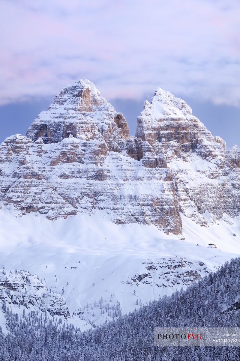 Overlook of Tre Cime di Lavaredo peak after a heavy snowfall, Misurina, dolomites, Veneto, Italy, Europe