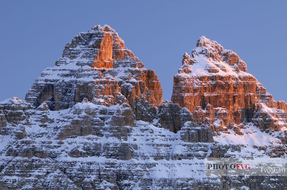 After a heavy snowfall on a cold winter morning, sunrise from Misurina towards the Tre Cime di Lavaredo peak, dolomites, Veneto, Italy, Europe