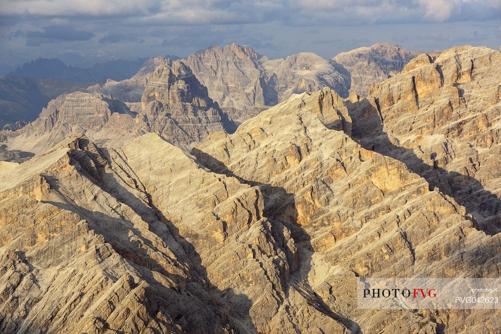 Tre Cime di Lavaredo and Cima Undici peaks from the top of Tofana di Mezzo, Cortina d'Ampezzo, dolomites, Italy.