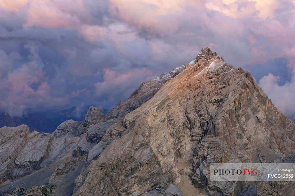 Monte Antelao peak at sunset in the storm from the top of Tofana di Mezzo, Cortina d'Ampezzo, dolomites, Italy.