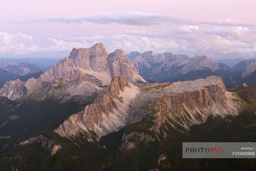 Monte Pelmo, Croda da Lago and Lastoni de Formin peaks at sunset from the top of Tofana di Mezzo, Cortina d'Ampezzo, dolomites, Italy