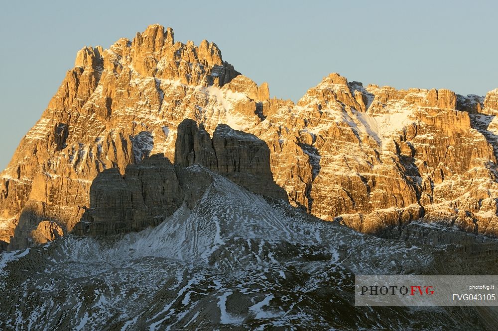 Views from the top of Monte Piana towards the Torre and Punta Tre Scarperi mountains, Misurina, Auronzo, Cadore, Veneto, Italy, Europe
