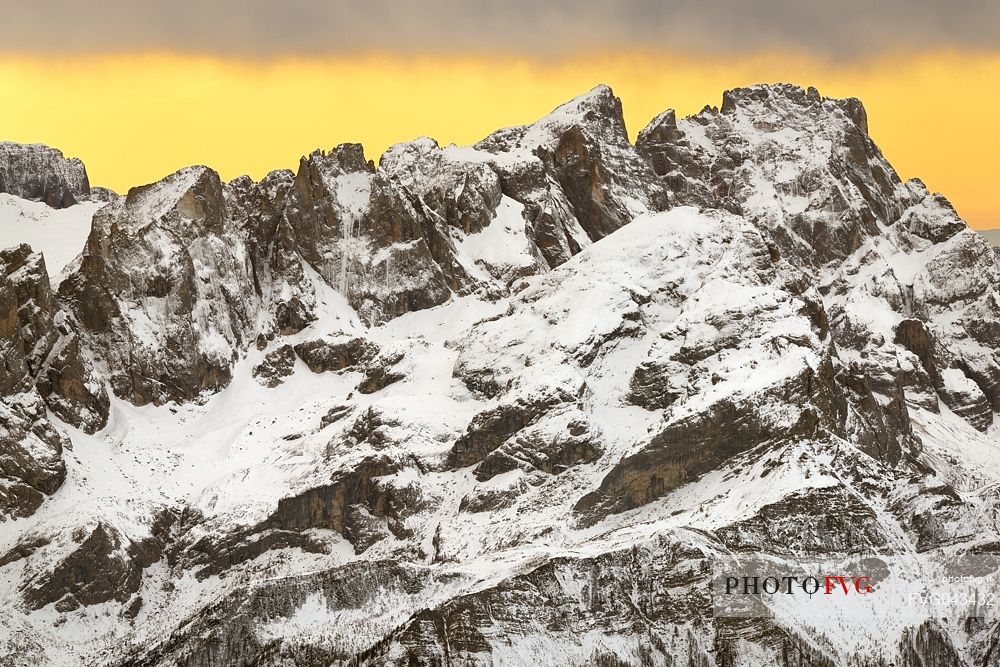 Pale di San Martino mount at dawn from Punta Rocca (3265 m), one of the peaks of the Marmolada, dolomites, Veneto, Italy, Europe