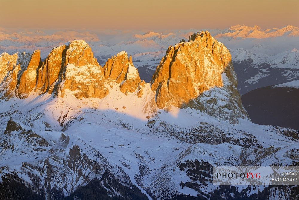 Winter view of Sassolungo e Sassopiatto at dawn from Punta Rocca one of the peaks of the Marmolada, Veneto, Italy, Europe