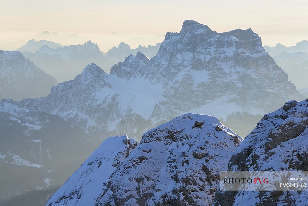 Pelmo peak at dawn from Punta Rocca (3265 m), one of the peaks of the Marmolada, dolomites, Veneto, Italy, Europe