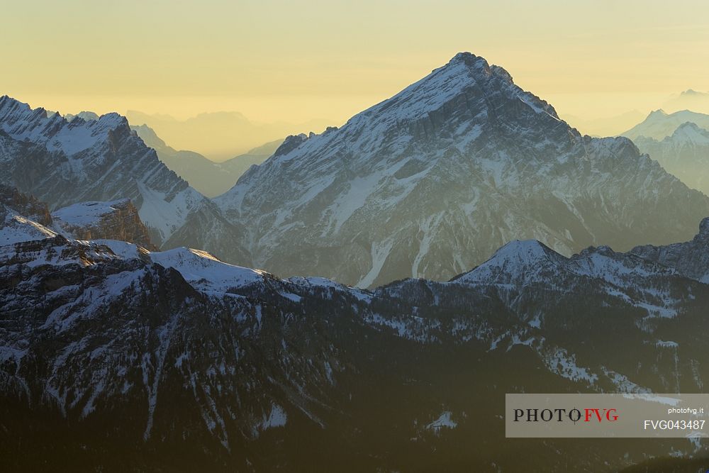 Antelao peak at dawn from Punta Rocca (3265 m), one of the peaks of the Marmolada, dolomites, Veneto, Italy, Europe