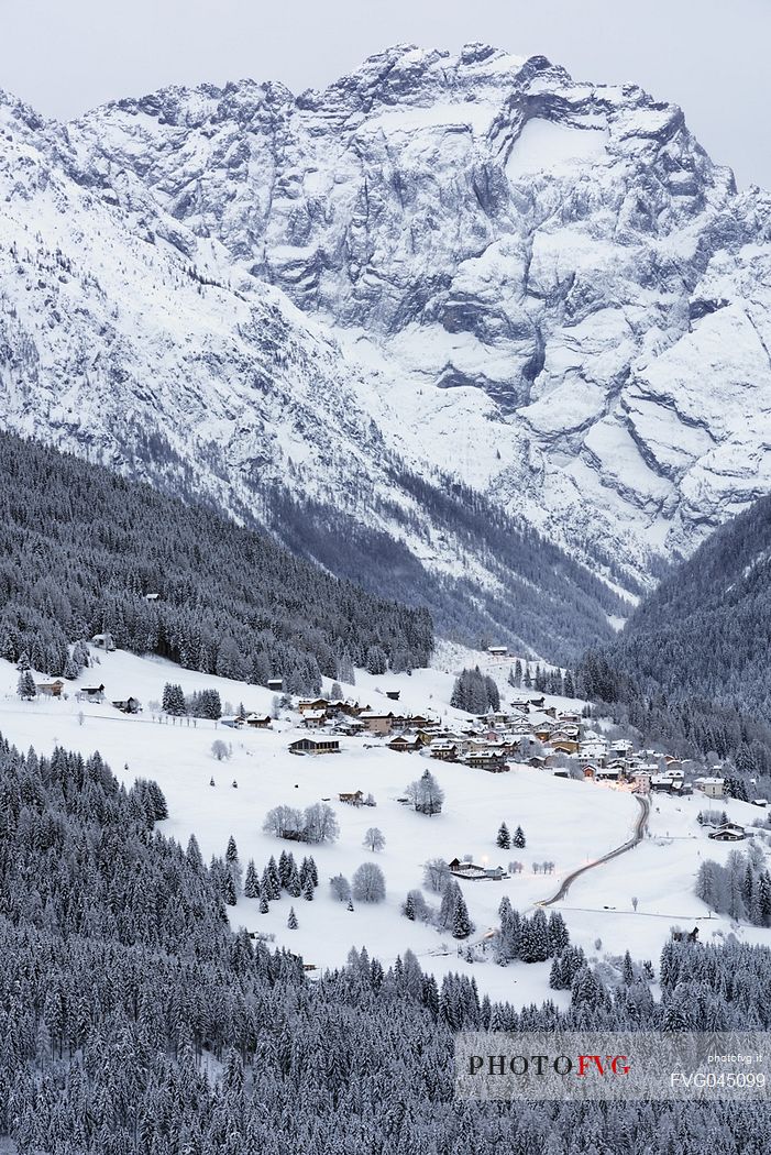 Winter panorama of Comelico valley with Costalissoio village, dolomites, Veneto, Italy, Europe