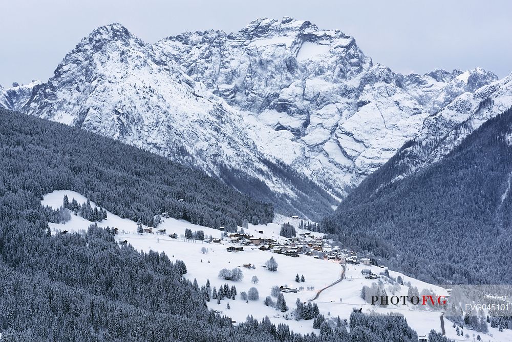 Winter panorama of Comelico valley with Costalissoio village, dolomites, Veneto, Italy, Europe