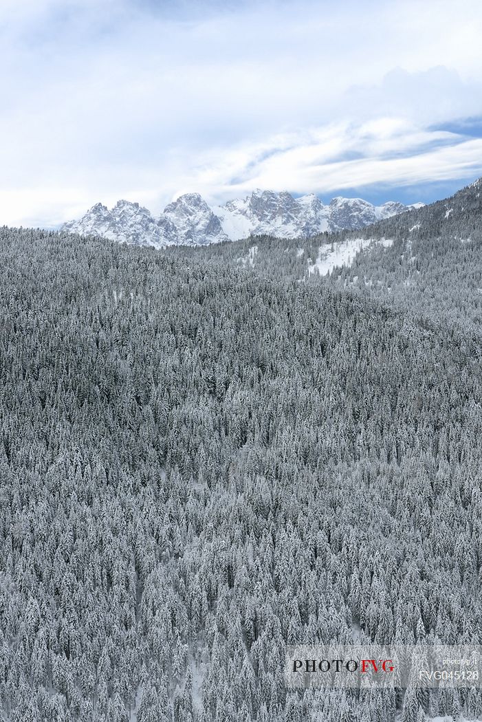 Comelico valley in a winter day, in the background the Marmarole peaks, dolomites, Veneto, Italy, Europe