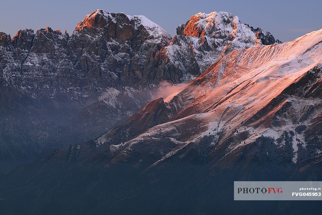 Winter panorama towards Gusela del Vescov, Mount Schiara and Mount Pelf from Nevegal, Dolomites, Belluno, Veneto, Italy, Europe