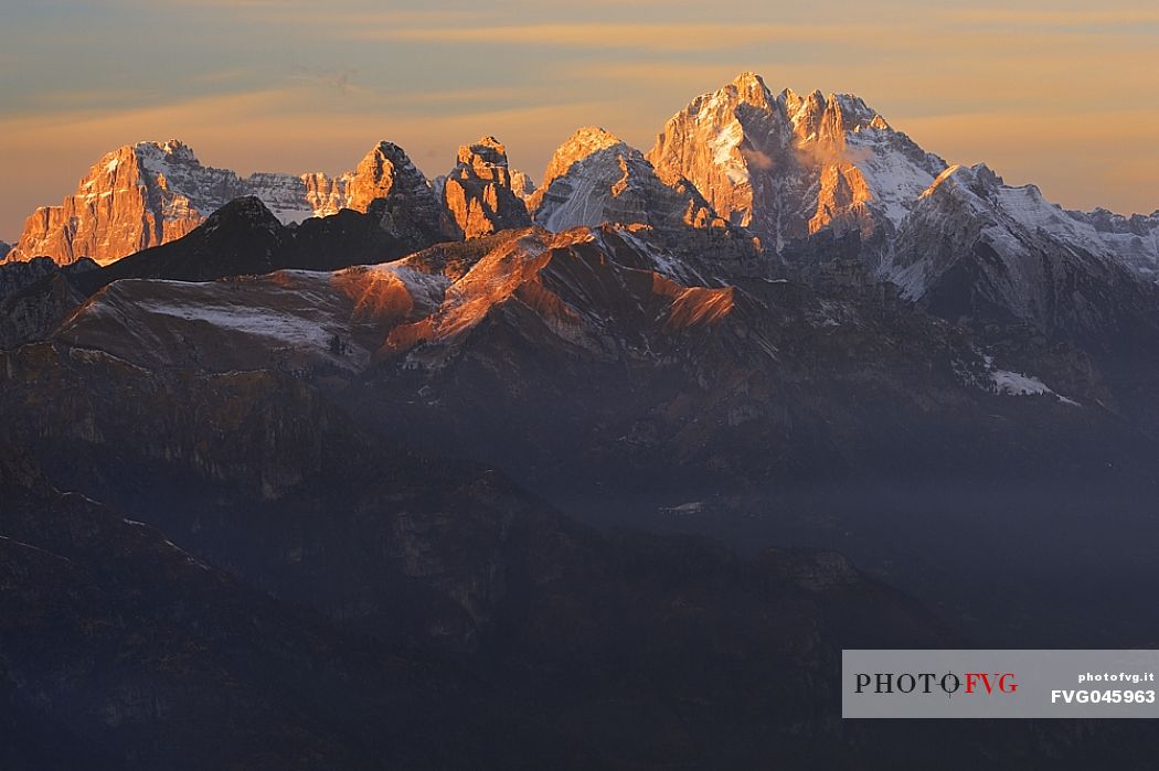 Winter panorama from Nevegal towards Mount Sorapis, Rocchetta Alta, Sasso di Tovanella, Sasso di Bosconero and Mount Antelao, dolomites, Belluno, Veneto, Italy, Europe.