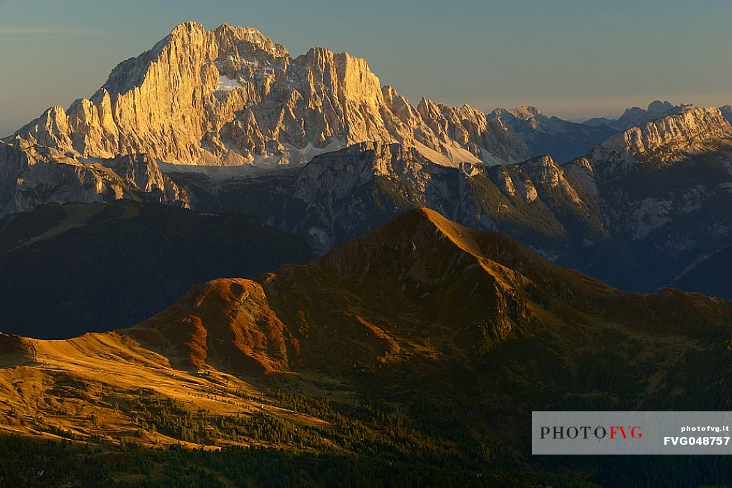 Views from Mount Lagazuoi with the first intense autumn lights, in the background the Civetta mount, dolomites, Veneto, Italy, Europe.