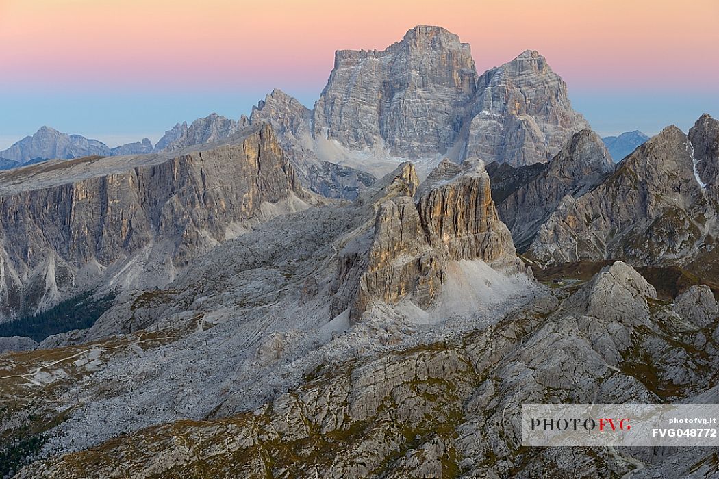 Views from Mount Lagazuoi at twilight, in the background the Nuvolau refuge, Lastoi di Formin, Nuvolau, Pelmo and Averau mounts, dolomites, Veneto, Italy, Europe.