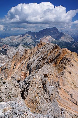 Panorama from the top of Col Bechei (2794m) mountain towards Croda Rossa, dolomites, Italy
                 