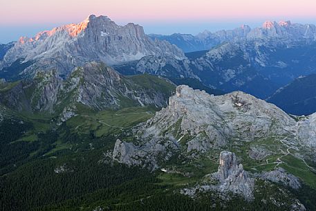 Dawn from the top of Tofana di Mezzo towards Cinque Torri and Civetta mountains, Cortina d'Ampezzo, dolomites, Italy