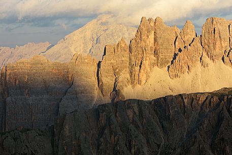 Sunset from Refuge Nuvolau (2575 m) towards Croda da Lago mount, Cortina d'Ampezzo, Veneto, Italy