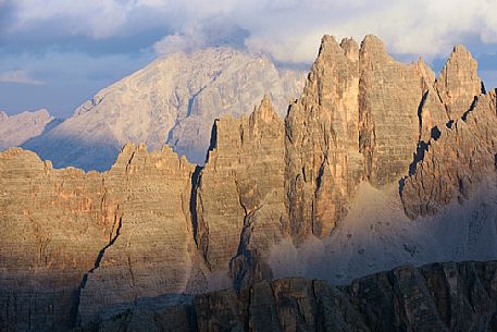 Sunset from Refuge Nuvolau (2575 m) towards Croda da Lago mount, Cortina d'Ampezzo, Veneto, Itay