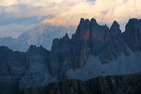 Sunset from Refuge Nuvolau (2575 m) towards Croda da Lago mount, Cortina d'Ampezzo, Veneto, Italy