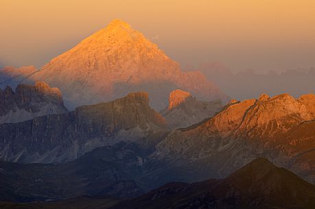 Sunset from the top of Piz Bo in the Sella mounatin group towards Antelao peak and Giau Pass, dolomites, Italy