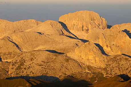 Sunrise from the top of Piz Bo in the Sella mountain group towards Catinaccio mountain group, dolomites, Italy