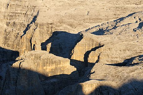 Detail of Plateau Sella mountain group from the top of Piz Bo, dolomites, Italy