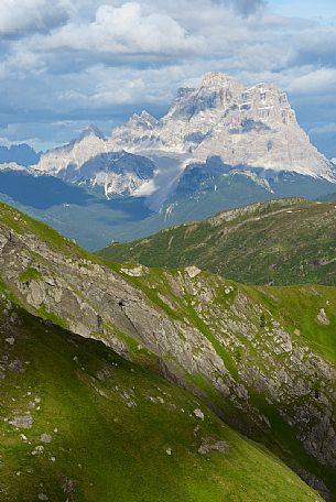 Pelmo mountain from the Viel del Pan path in the Padon mountain group.
The Viel del Pan is an ancient communication route that joins the Pordoi Pass to the Fedaia Pass, dolomites. Italy
