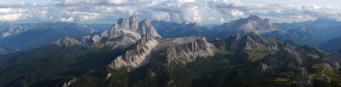 Panorama from the top of the Tofana di Mezzo mountain. Visible from left to right: Pelmo, Croda da Lago, Lastoi de Formin, Civetta, Cernera, Passo Giau, Gusela di Passo Giau, Nuvolau, Cinque Torri, dolomites, Cortina d'Ampezzo, Italy, Europe