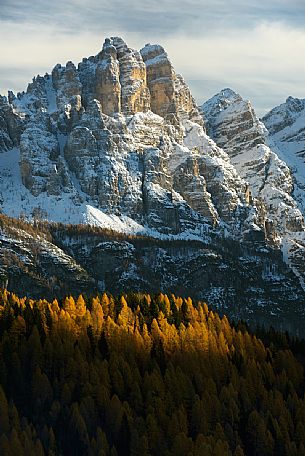 Autumn sunset on the Spiz di Mezzod Group in Val Zoldana. Characterized by the colorful larch forest, dolomites, Veneto, Italy, Europe