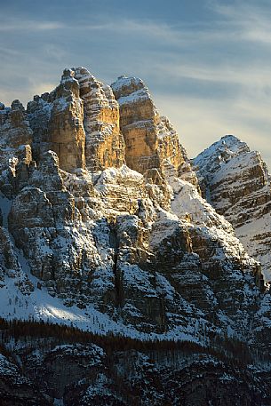 Autumn sunset on the Spiz di Mezzod mountain group in Val Zoldana, dolomites, Veneto, Italy, Europe