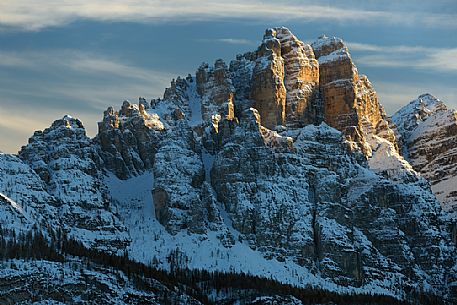 Autumn sunset on the Spiz di Mezzod mountain group in Val Zoldana, dolomites, Veneto, Italy, Europe