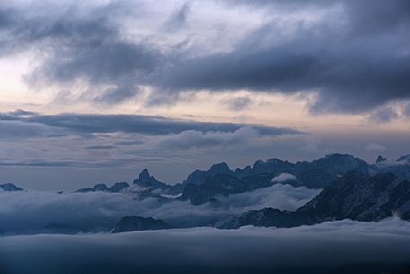 Unexpected views from the Alpago to the Pale di San Martino group, dolomites, Veneto, Italy, Europe