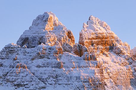 After a heavy snowfall on a cold winter morning, sunrise from Misurina towards the Tre Cime di Lavaredo peak, dolomites, Veneto, Italy, Europe