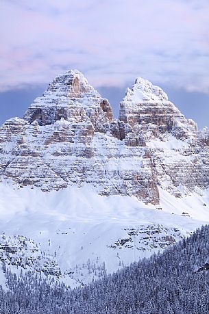 Overlook of Tre Cime di Lavaredo peak after a heavy snowfall, Misurina, dolomites, Veneto, Italy, Europe