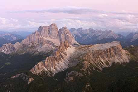 Monte Pelmo, Croda da Lago and Lastoni de Formin peaks at sunset from the top of Tofana di Mezzo, Cortina d'Ampezzo, dolomites, Italy