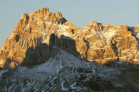 Views from the top of Monte Piana towards the Torre and Punta Tre Scarperi mountains, Misurina, Auronzo, Cadore, Veneto, Italy, Europe
