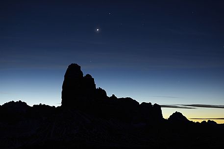 Beautiful nighfall to Tre Cime di Lavaredo peaks from Piana mount, Misurina, Auronzo, Cadore, Veneto, Italy, Europe
