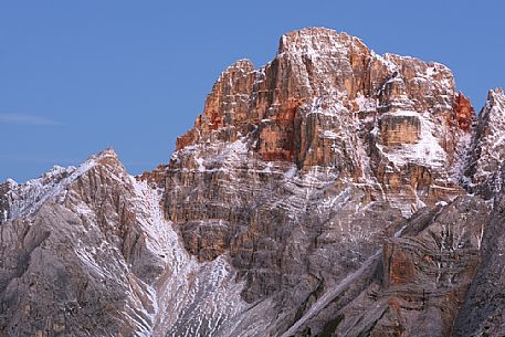 Views from the top of Monte Piana towards the Croda Rossa d'Ampezzo mount, Misurina, Auronzo, Cadore, Veneto, Italy, Europe
