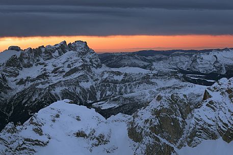 Winter panorama at dawn from Punta Rocca (3265 m), one of the peaks of the Marmolada, dolomites, Veneto, Italy, Europe