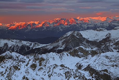 Winter panorama at dawn from Punta Rocca (3265 m), one of the peaks of the Marmolada and in the background the Lagorai mountain group, dolomites, Veneto, Italy, Europe