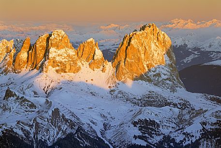 Winter view of Sassolungo e Sassopiatto at dawn from Punta Rocca one of the peaks of the Marmolada, Veneto, Italy, Europe