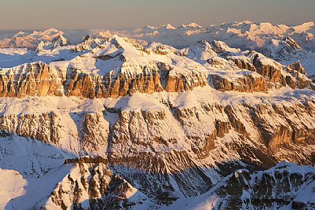Winter view of Sella mount at dawn from Punta Rocca one of the peaks of the Marmolada, Veneto, Italy, Europe