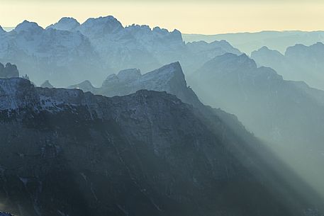 Pelf Schiara and Gusela del Vescov peaks at dawn from Punta Rocca (3265 m), one of the peaks of the Marmolada, dolomites, Veneto, Italy, Europe
