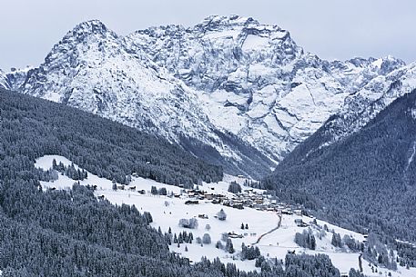 Winter panorama of Comelico valley with Costalissoio village, dolomites, Veneto, Italy, Europe