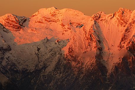 Winter panoramas from Nevegal mount towards con Nudo peak in the Friulane Dolomites natural park, Veneto, Italy, Europe