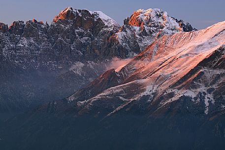 Winter panorama towards Gusela del Vescov, Mount Schiara and Mount Pelf from Nevegal, Dolomites, Belluno, Veneto, Italy, Europe