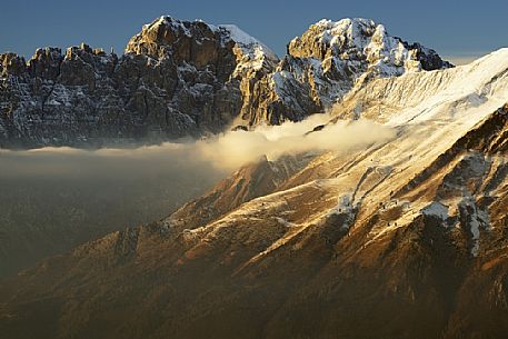 Winter panoramas from Nevegal towards Pale del Balcon, Gusela del Vescov, Mount Schiara, Mount Pelf, dolomites, Belluno, Veneto, Italy, Europe.