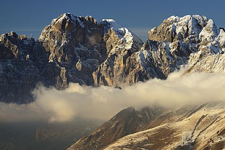 Winter panoramas towards Gusela del Vescov, Mount Schiara and Mount Pelf, dolomites, Belluno, Veneto, Italy, Europe.