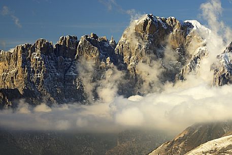 Winter panoramas towards Pala Tissi, Pale del Balcon, Gusela del Vescov, Mount Schiara, dolomites, Belluno, Veneto, Italy, Europe.