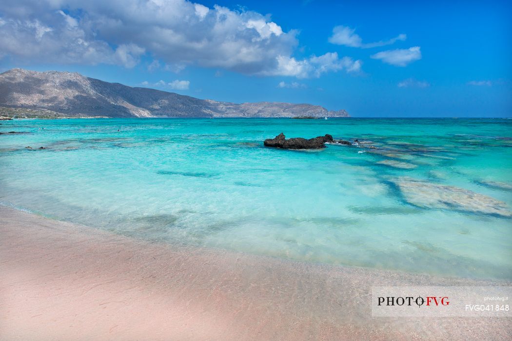 The enchanting Elafonissi beach in the south west of Crete island, a natural swimming pool, Greece