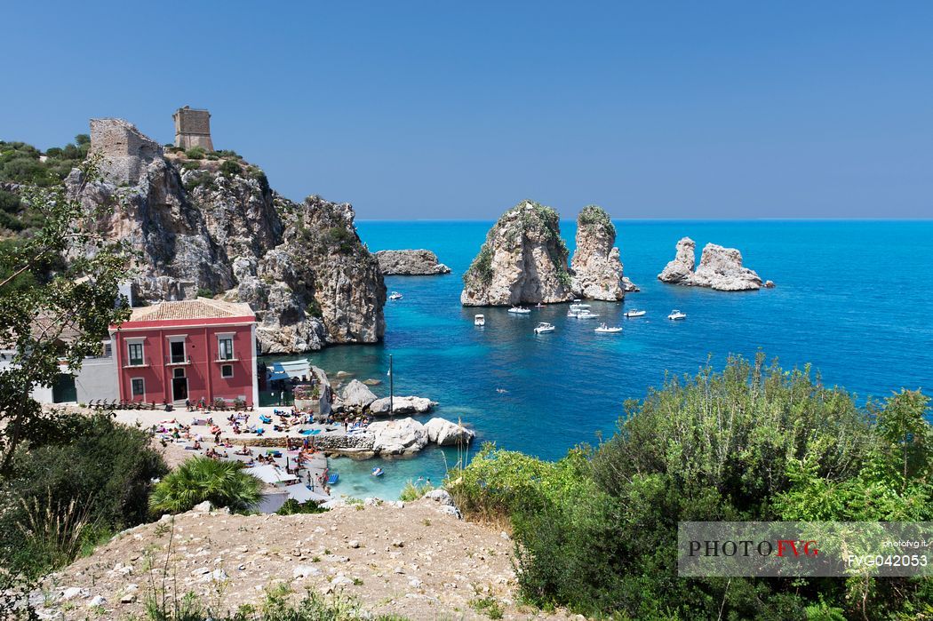 The Scopello Tonnara and the Faraglioni or stack rocks, Scopello, Trapani, Sicily, Italy, Europe